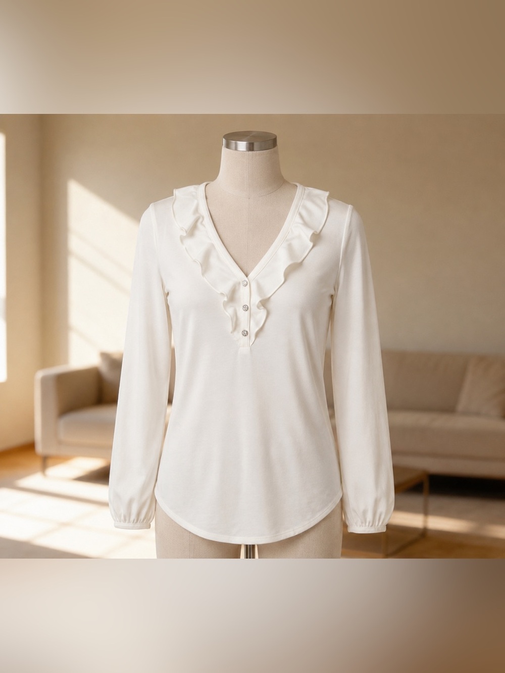 White House Black Market Ivory Ruffle Long Sleeve Top - Size S
